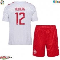 Camiseta Dinamarca Kasper Dolberg #12 Visitante Equipación para niños Eurocopa 2024 manga corta (+ pantalones cortos)
